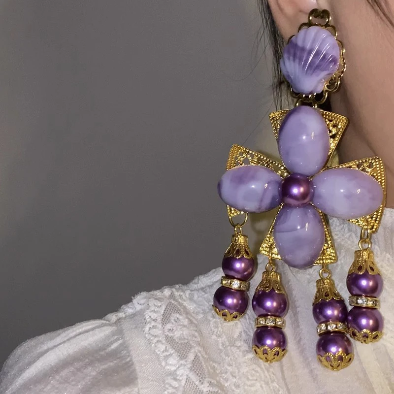 Big brand exaggerated temperament, high-end sense, grand purple flower cross, super large catwalk earrings