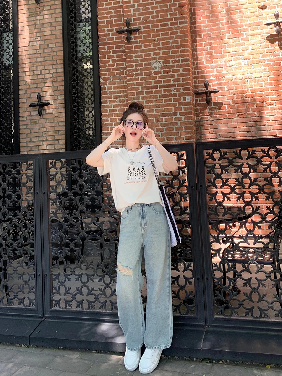 

High Waist Denim Jeans Women's Torn Vintage Straight Leg Pants Drapey Feel Summer Collection YANUOYU Light Blue Dr