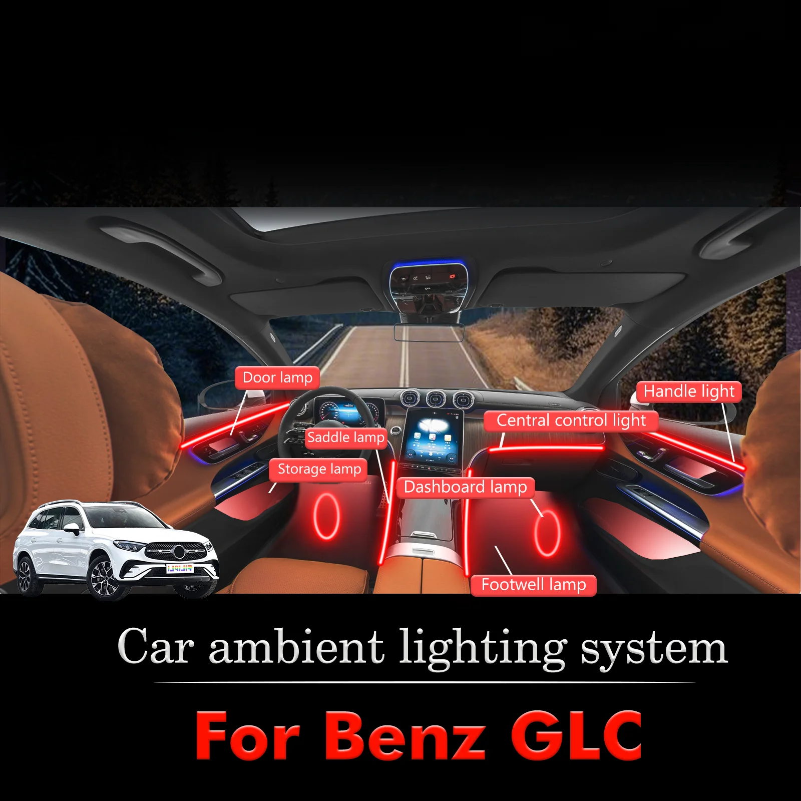 

For BenZ GLC RGB 64 Colors LED Smart Remote Control Car Interior Ambient Light Energy Saving Efficient Lamp Set