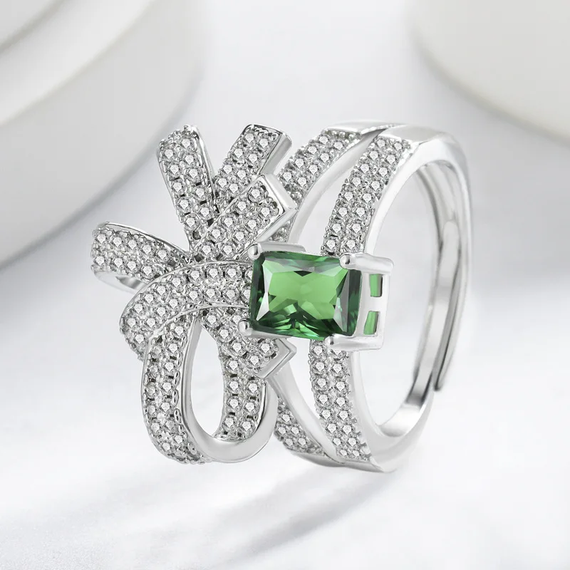 2026 New Style Fashion Green Emerald Bowknot Ring - Exquisite Engagement Ring for Ladies, Evening Wear Jewelry