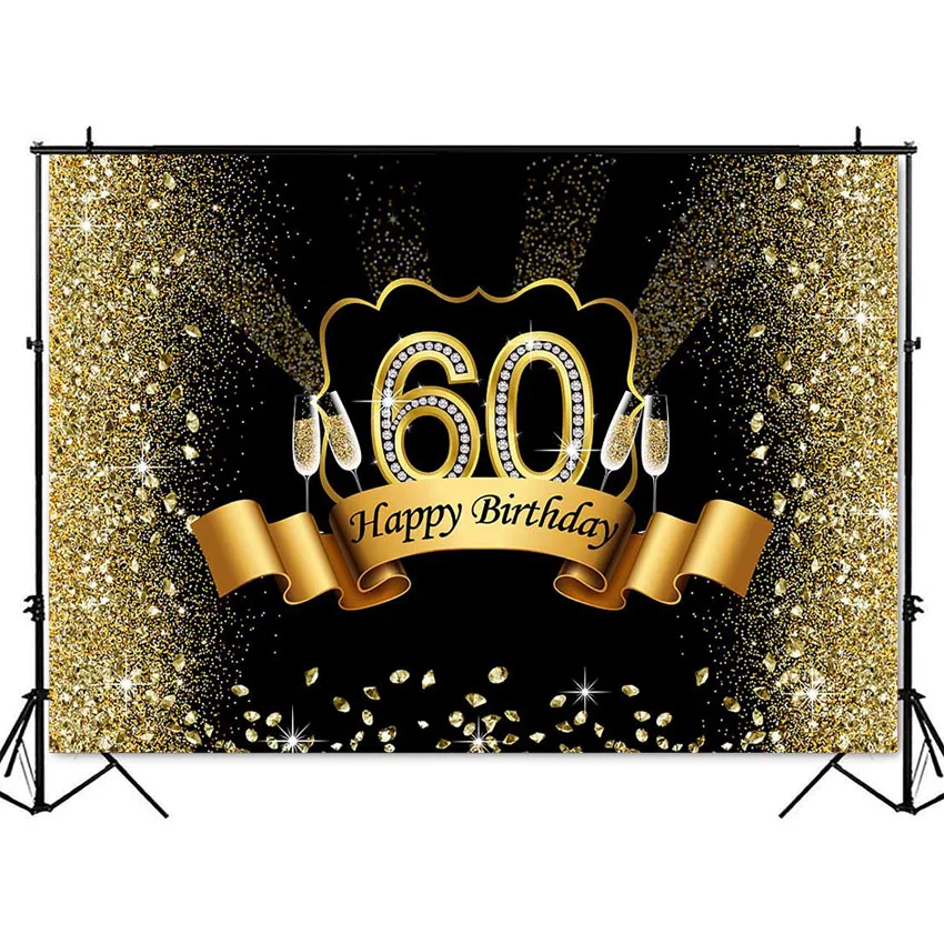 60th Birthday Backdrop Gold Glitter Happy Birthday Theme Party Background Champagne Gold Diamonds Sixty Birthday Backdrop Custom