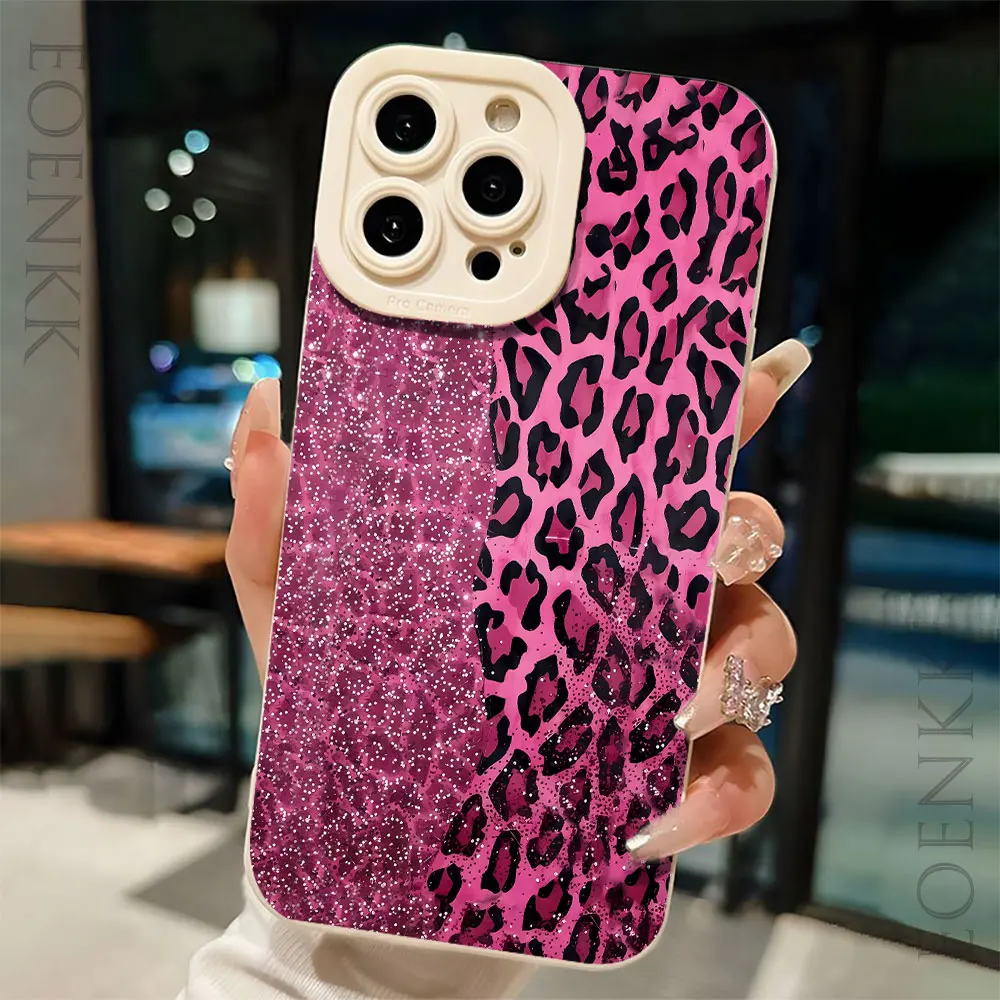 Pink Leopard Silicone Leather Phone Case For iPhone 15 14 13 12 11 Pro Max Mini 7 8 Plus XR XS X Fashion Soft Protection Cover