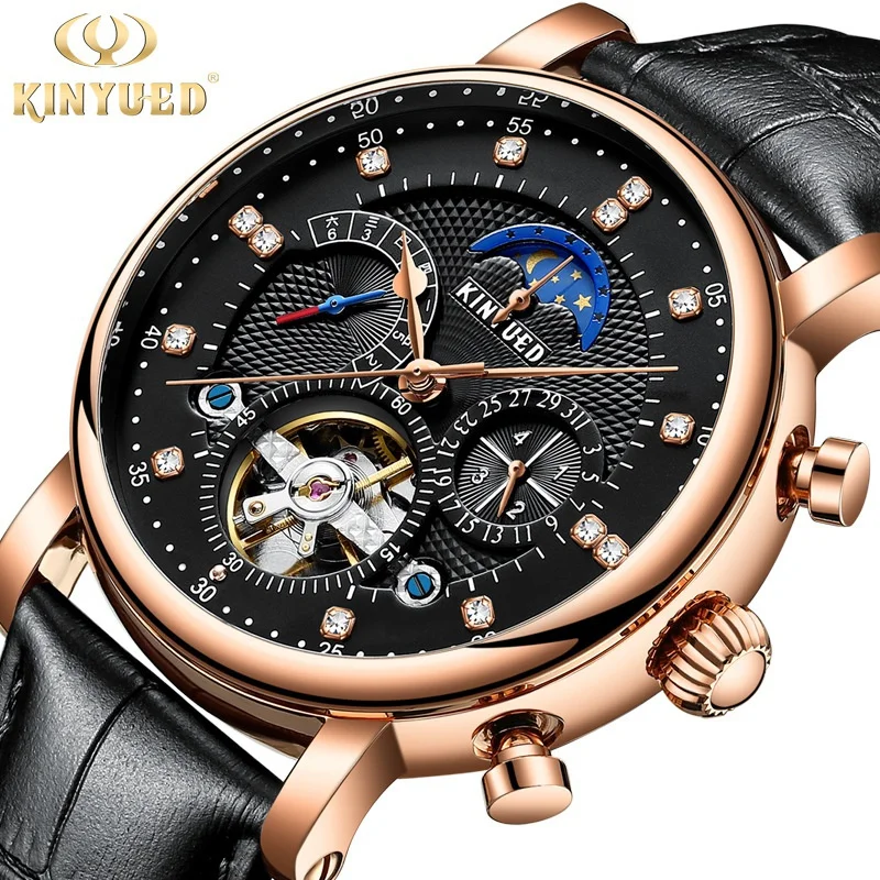 

Free ShippingKINYUEDMen's Multi-Functional Hollow Tourbillon Automatic Mechanical Cowhide Men's Watch