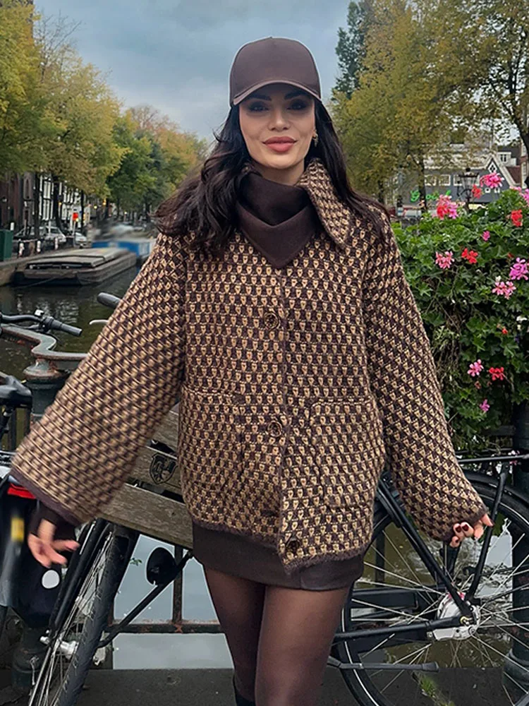 HH Donna Autunno Manica lunga Risvolto Monopetto Decorazione tascabile Cardigan casual Cappotto lavorato a maglia stile street allentato moda femminile