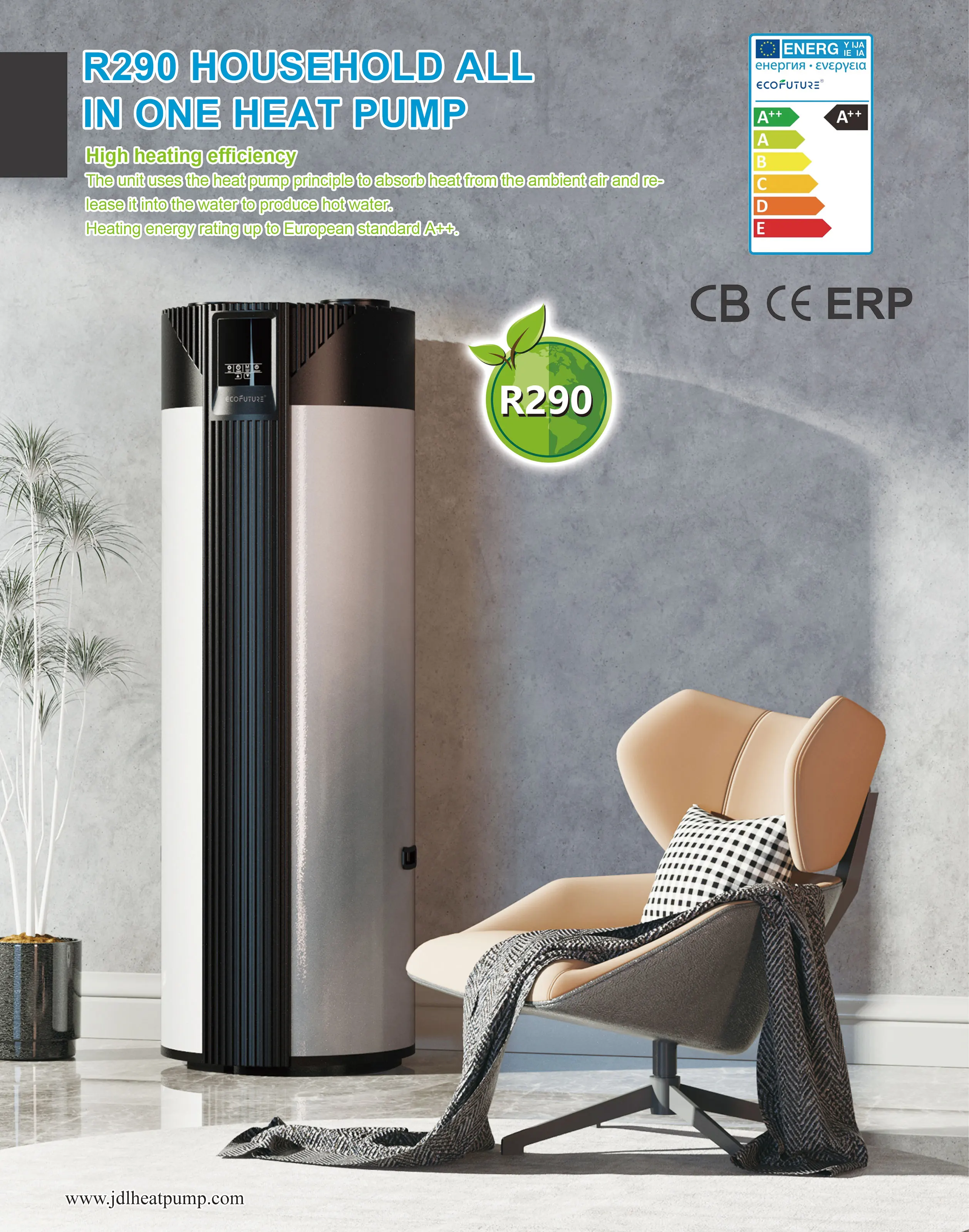 300L All-in-One Stainless Steel Household High Temperature Heat Pump Water Heater With R290 Refrigerant
