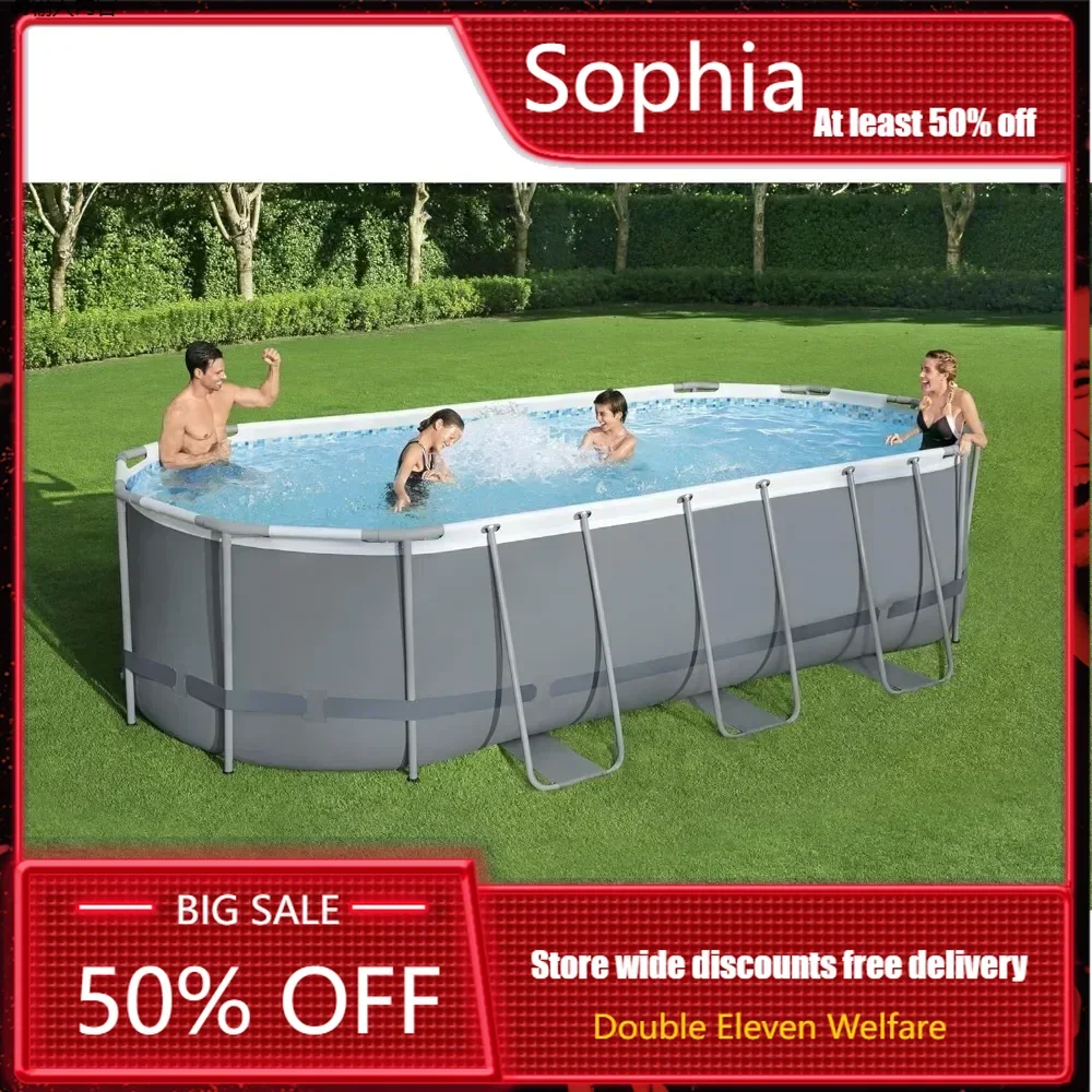 Outdoor Swimming Pools Set, Patio Pool, Oval Metal Frame, Above Ground, 1500 GPH Filter Pump, Ladder and Pool Cover, 18x9 