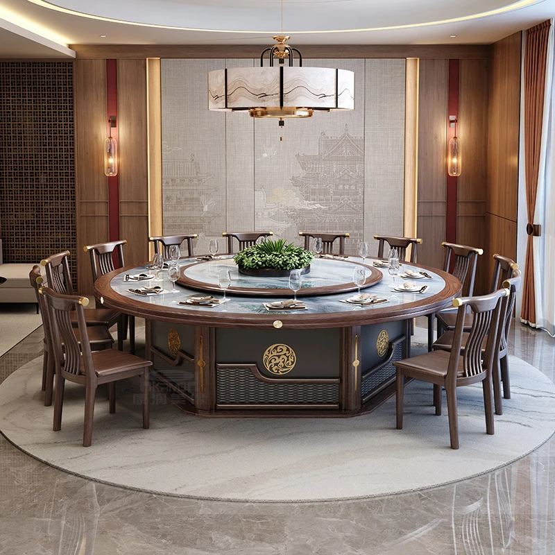 

Hotel electric dining table large round table new Chinese solid wood rock slab hot pot hotel clubhouse box dining table