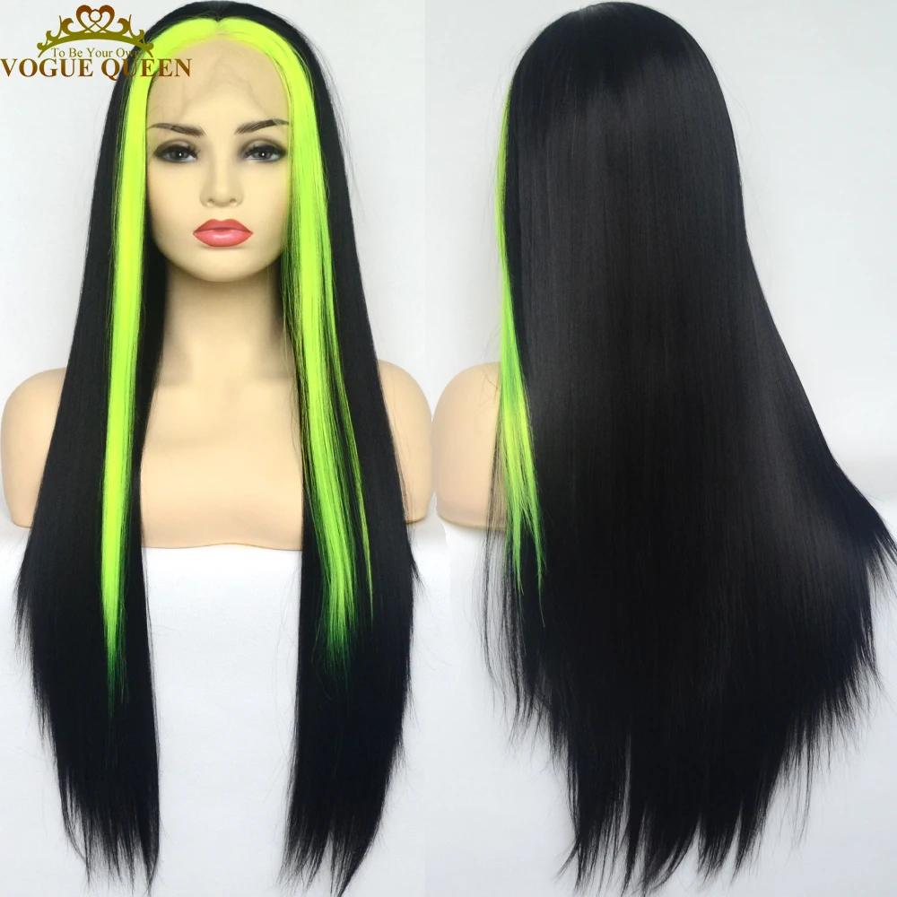 

Vogue Queen Highlight Black Green Synthetic 13×3 Lace Front Wig Straight Heat Resistant Fiber Natural Hairline Cosplay For Women