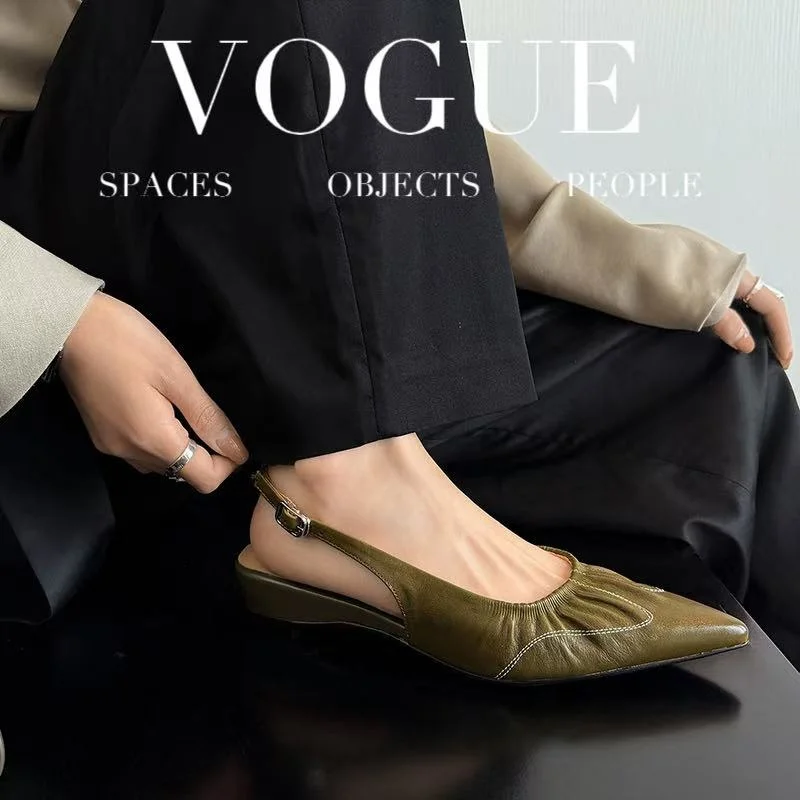 2026 new summer women sandals natural leather plus size 22-24.5cm cowhide+sheepskin+pigskin pointed toe back-buckle women shoes