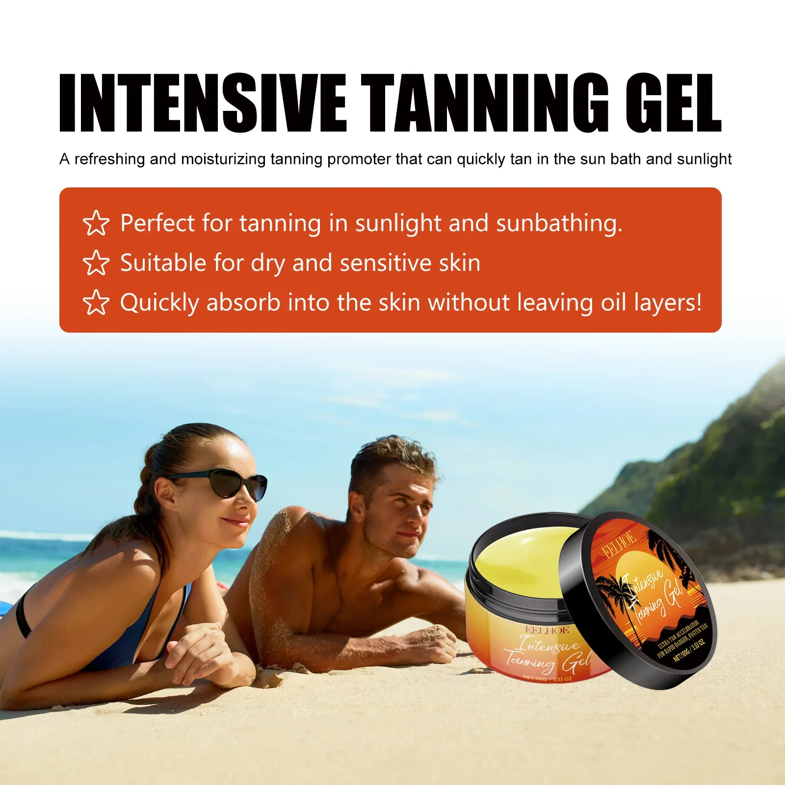 Eelhoe Black Care Gel, Summer Beach Beach Bronzing rapido Bronzer naturale rinfrescante e idratante