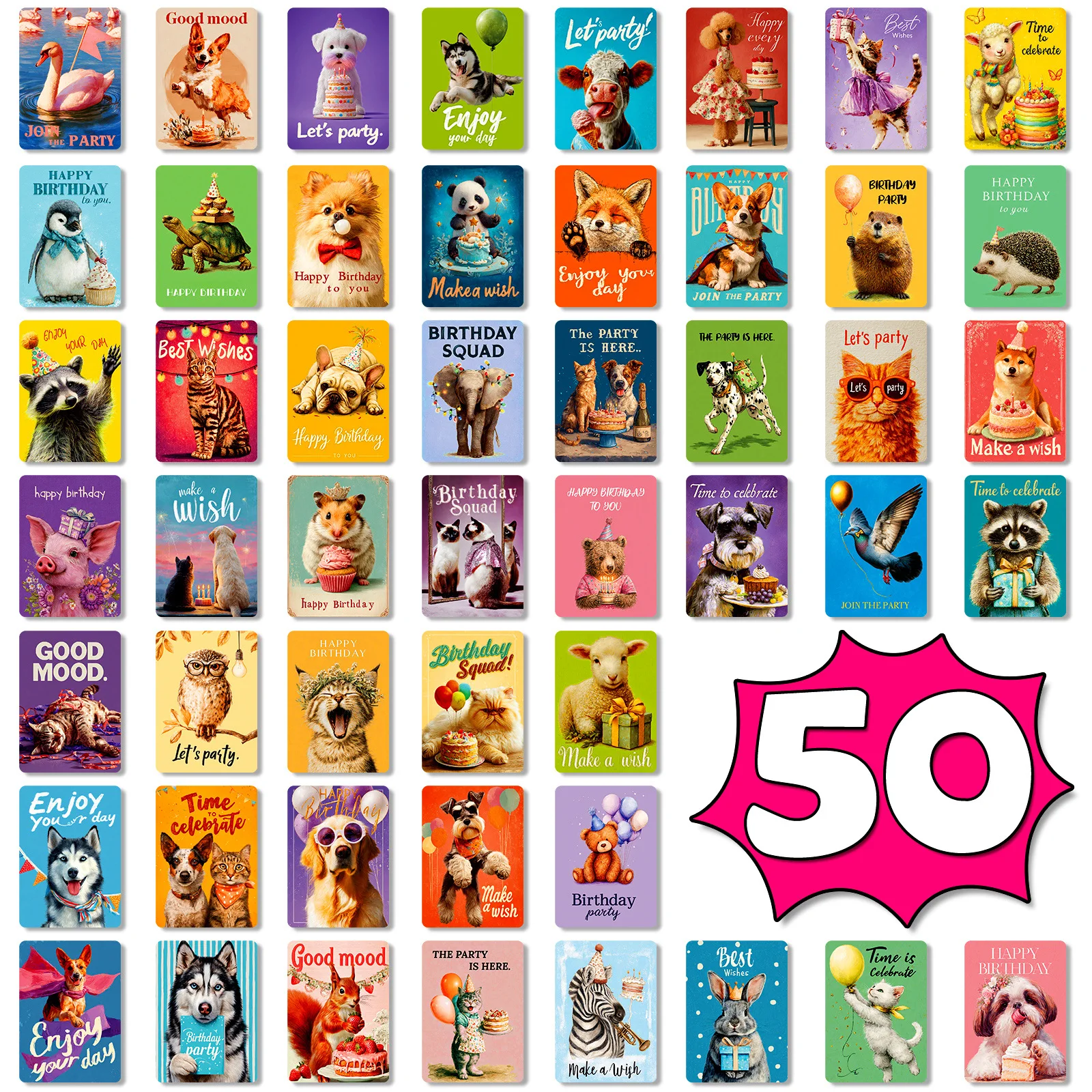 50 Stück Geburtstags-Grußkarten, lustige niedliche Tier-Nachrichtenkarten, handgeschriebene Notizkarten für Geburtstagsfeiern, Geschenkzubehör