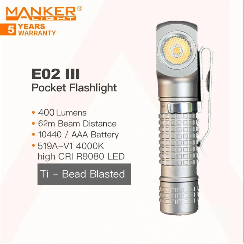 

Manker E02 III (Titanium) 400 Lumens AAA/10440 Flashlight Pocket EDC Keychain Angle Flashlight with Magnetic & Headband