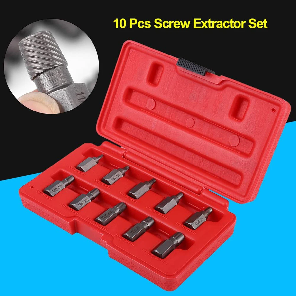 10 PC Screw Extractor Set Hex Head Multi-Spline for Damaged Broken Deformed Screws