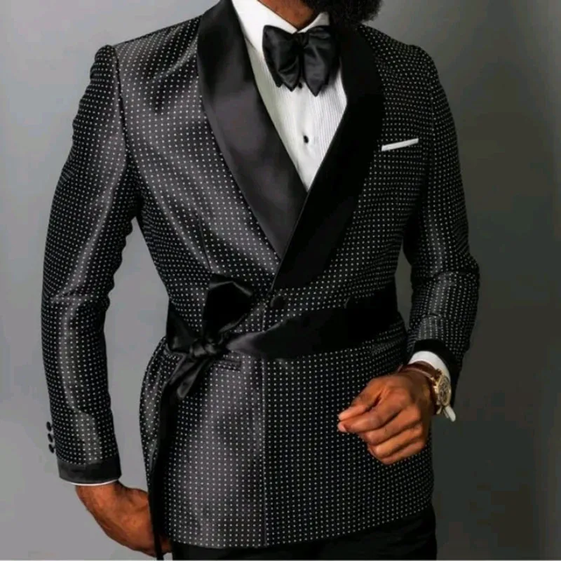 Luxury Black Men's Suits Dots Double Breasted Shawl Lapel Slim Fit Male Clothing High Quality 2 Piece Jacket Pants Outfits