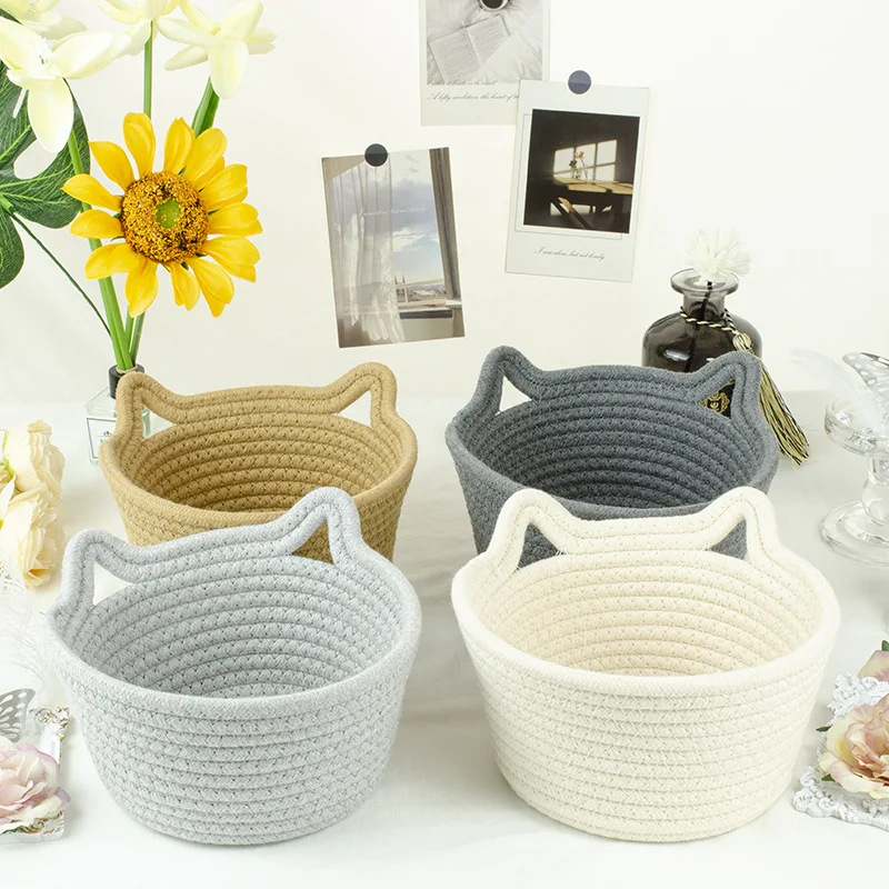 

Cat's ears desktop storage hand woven cartoon basket cotton rope storages room decor accessories home & garden items accessory