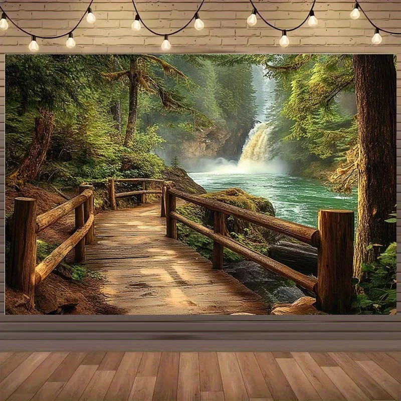 1 morceau de tissu de fond de paysage de cascade de forêt - chemins de forêt et ponts ruraux, aucune puissance requise