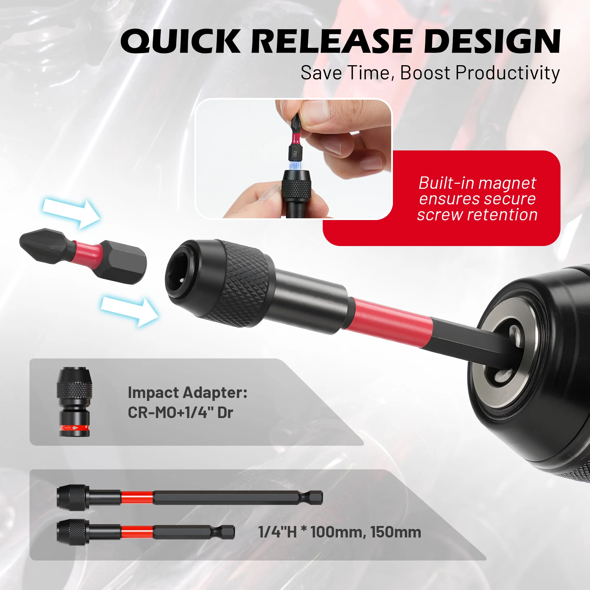 14pcs Impact Socket Adapter Set, 1/4 3/8 1/2-Inch Square Drive Socket Adapter, Quick-Release & Magnetic Drill Bit Extension