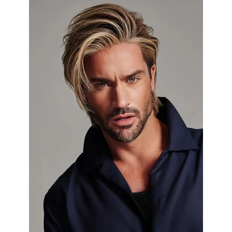 12 Inch Hair Wig Fashion Men's Layered Short Brown Blond Straight Wigs