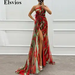 Women Chic Tube Top Waist Gowns Cocktail 2024 Chiffon Slit Evening Dress Elegant One Shoulder Swing Full Length Party Dress
