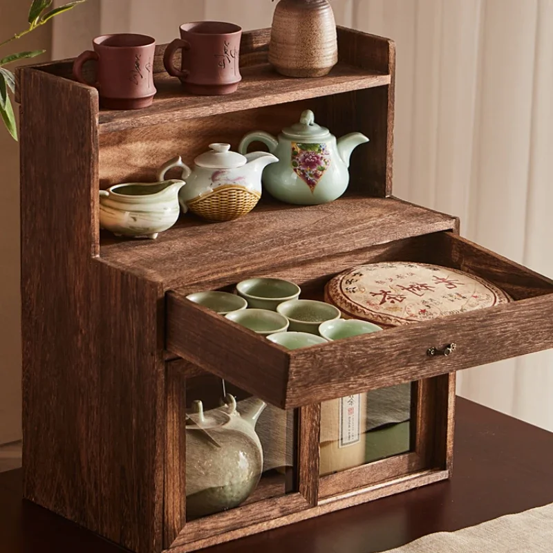 Desktop Teacup Storage Cabinet, Tea Set Display Shelf, Dustproof Organizer, Elegant Wooden Box, Antique Decor