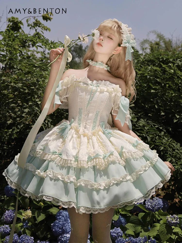 Vestidos de Noche elegantes y dulces de Lolita, vestido de cumpleaños de estilo Ballet ligero de lujo de alta gama para mujer, vestido tutú ajustado JSK con volantes