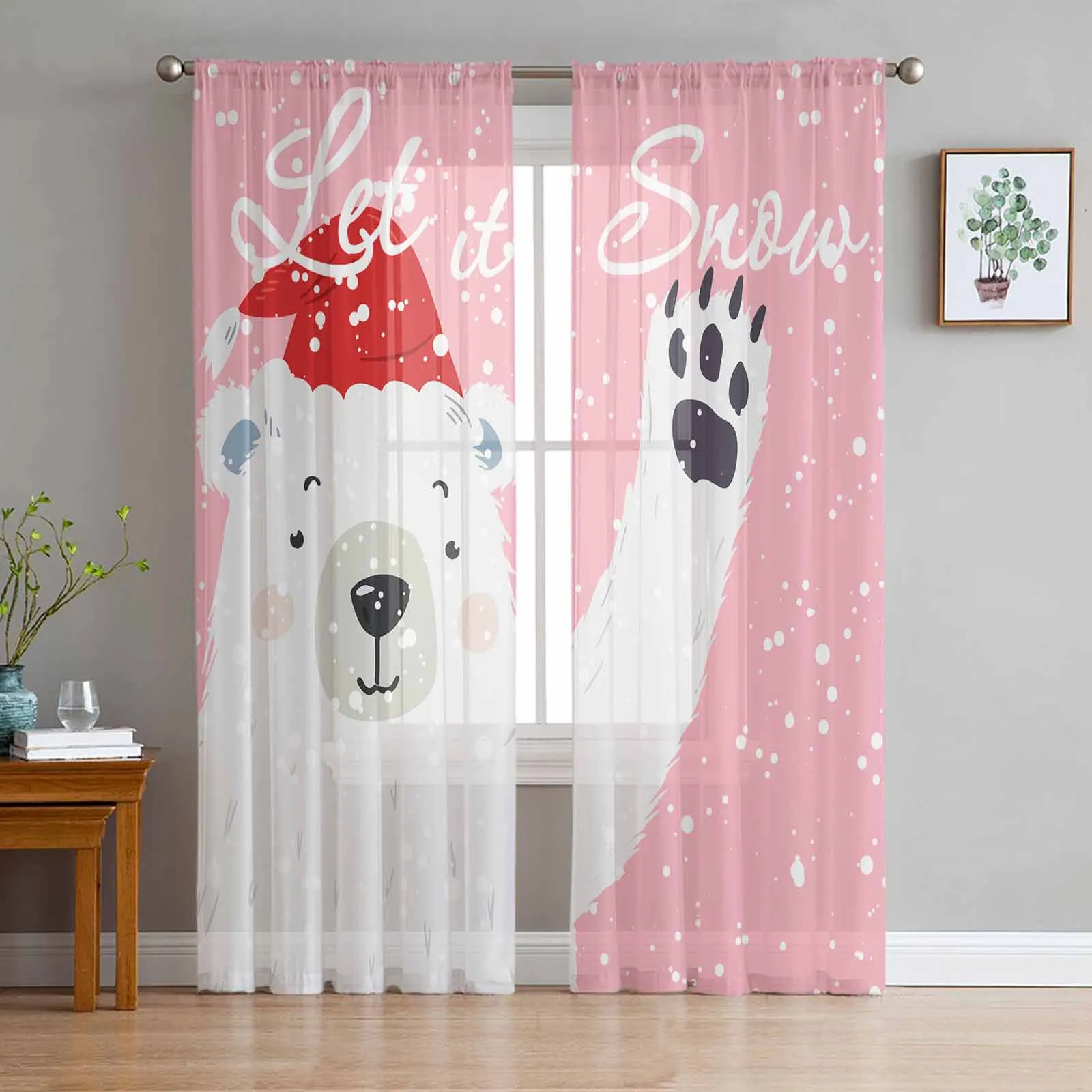 Christmas Snowflakes Bear Hand Drawn Chiffon Sheer Curtains for Living Room Bedroom Decor Kitchen Window Voiles Tulle Curtain