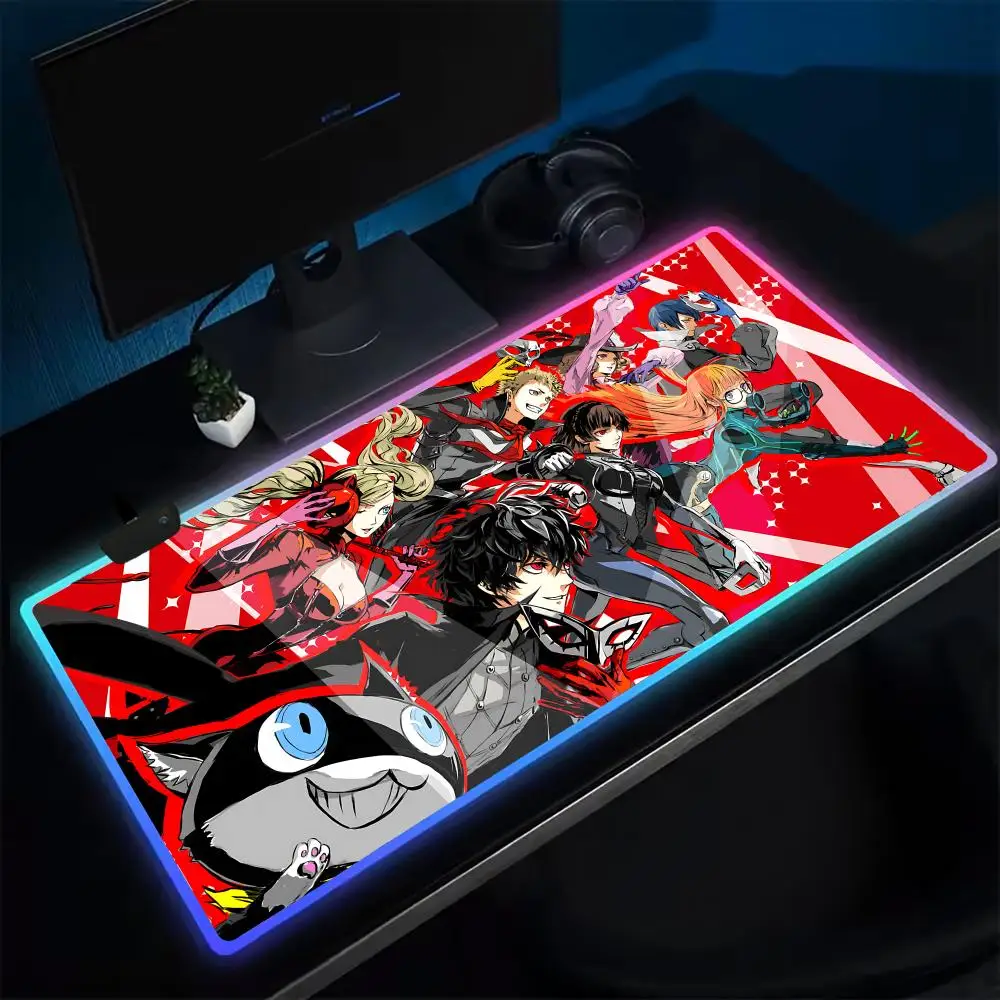 P-Persona 5 Mouse Pad Anime Gaming Mouse Pad LED Table Pads Backlit Rubber Desktop XXL Mousepad RGB Desk Mats