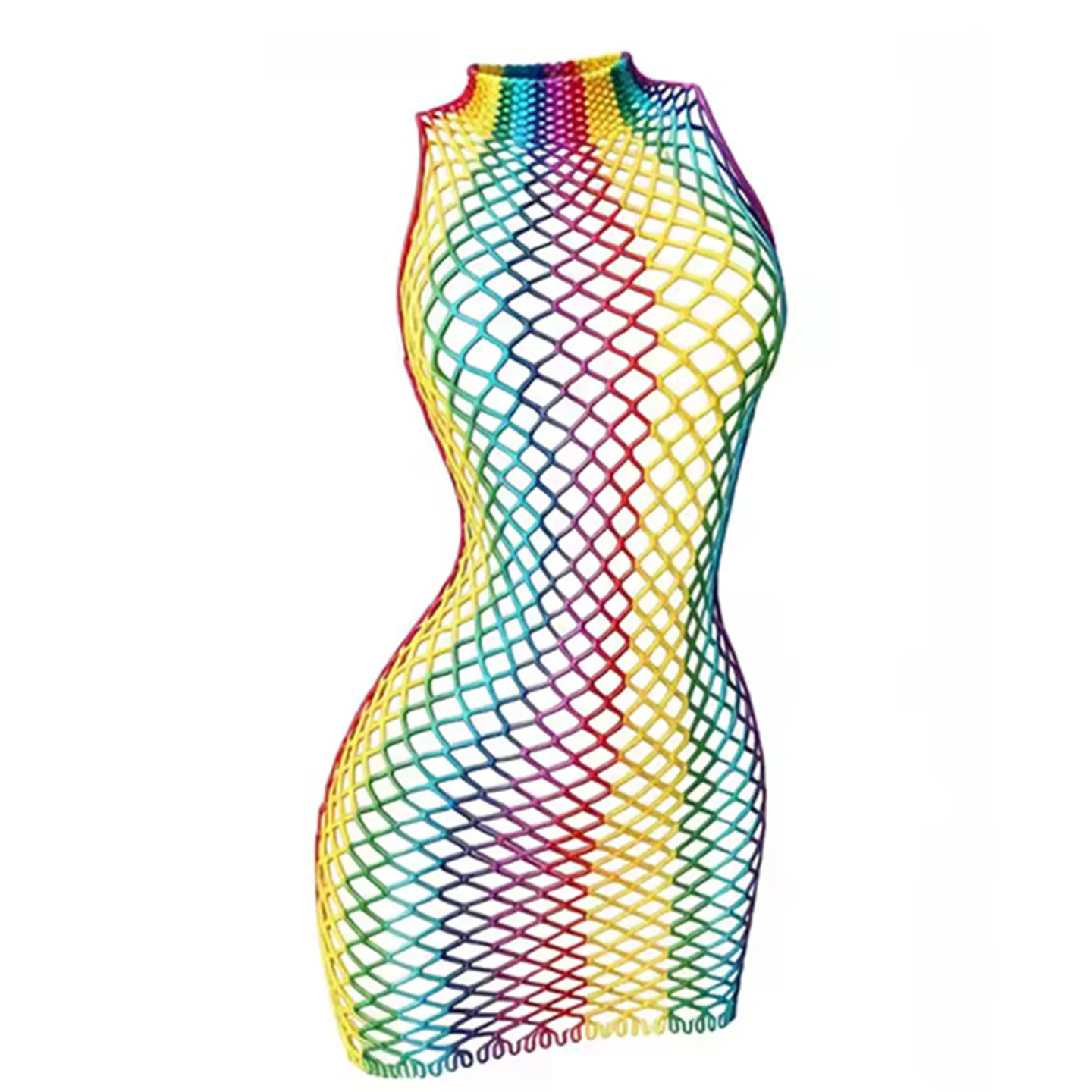 Damenkleid Regenbogen-Bademode Gestreifter Netz-Badeanzug Bikini Durchsichtiger Mesh-Bodysuit Strandkleidung Sommer-Tanz-Festival-Kleidung – Detail 2