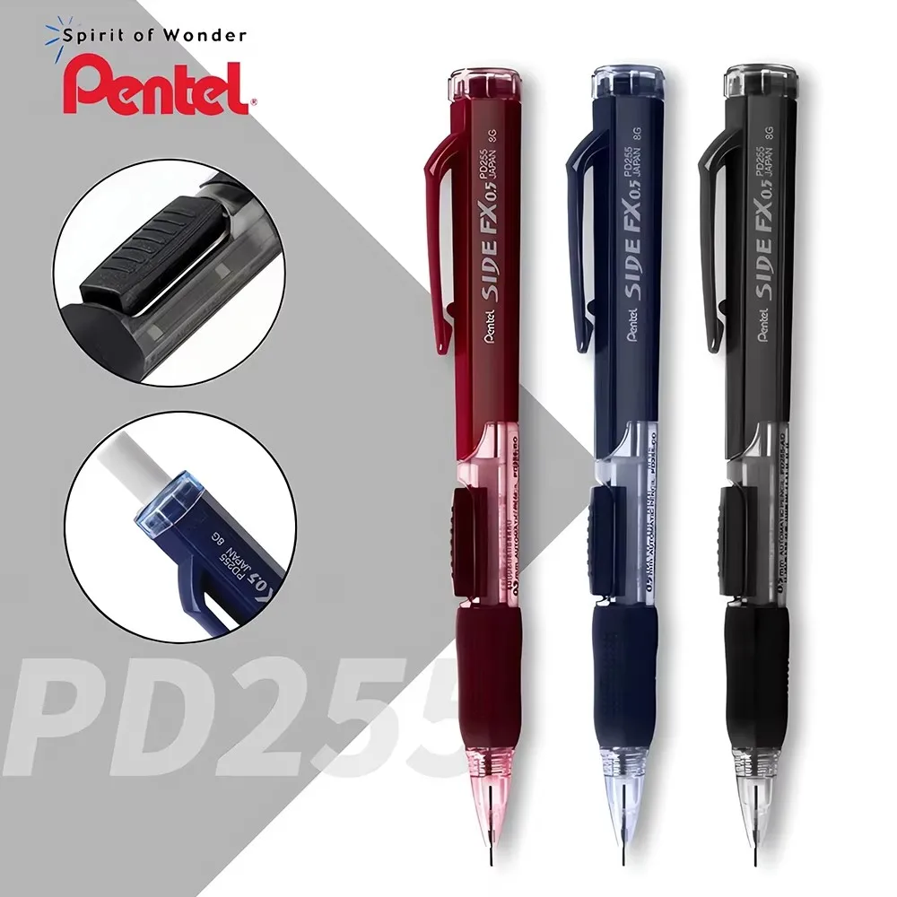 2 pcs Pentel Mechanical Pencil Drawing Art Supplies 0.5mm PD255 Office Accessories Student School Stationery Side Press Out Core