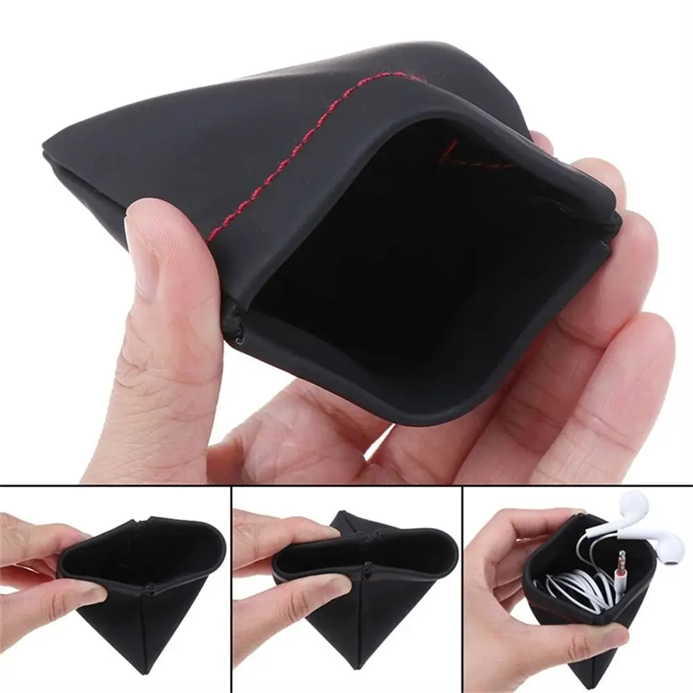 Mini PU Leather Earphone Case Automatic Closing Black USB Cable Organizer Headphone Case Earphone Storage Bag Earbuds Pouch