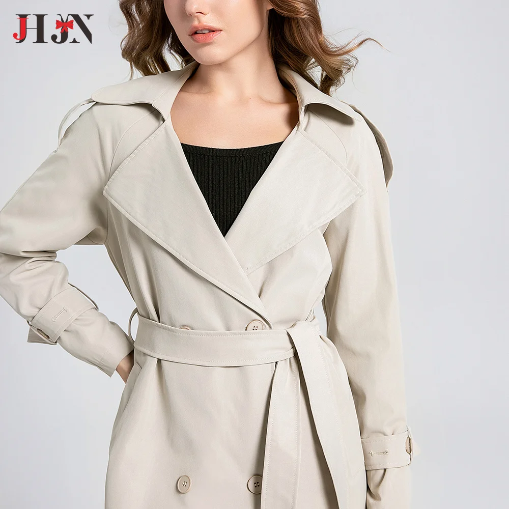 JHJN-Trench-coat beige pour femme avec ceinture, coupe-vent, double boutonnage, long, grand col rabattu, chaud, manteau de bureau pour femme