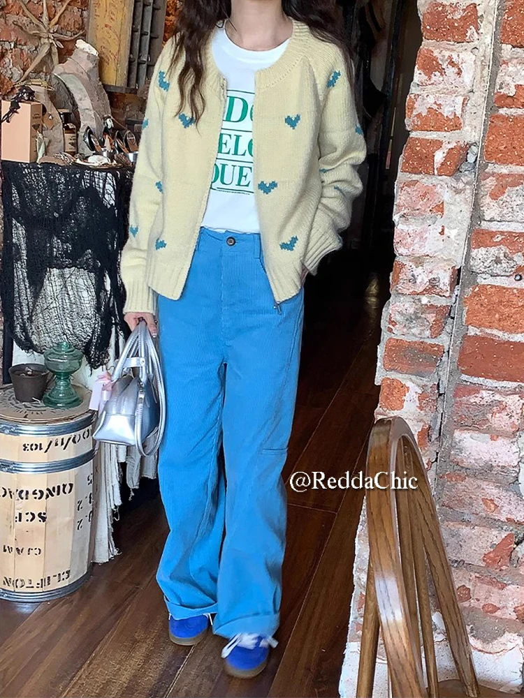 REDDACHiC Big Size Winter Fleece Lined Cargo Pants Women Baby Blue Corduroy Pockets Casual Wide Leg Long Trousers Retro Clothes