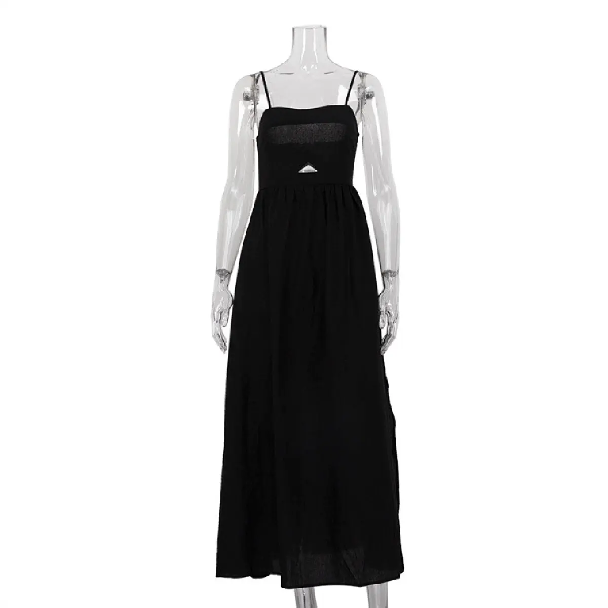 Robe d'été élégante à bretelles pour femmes, bretelles Spaghetti, coupe basse, noire, fente ajourée, coupe cintrée, pour fête décontractée, Maxi