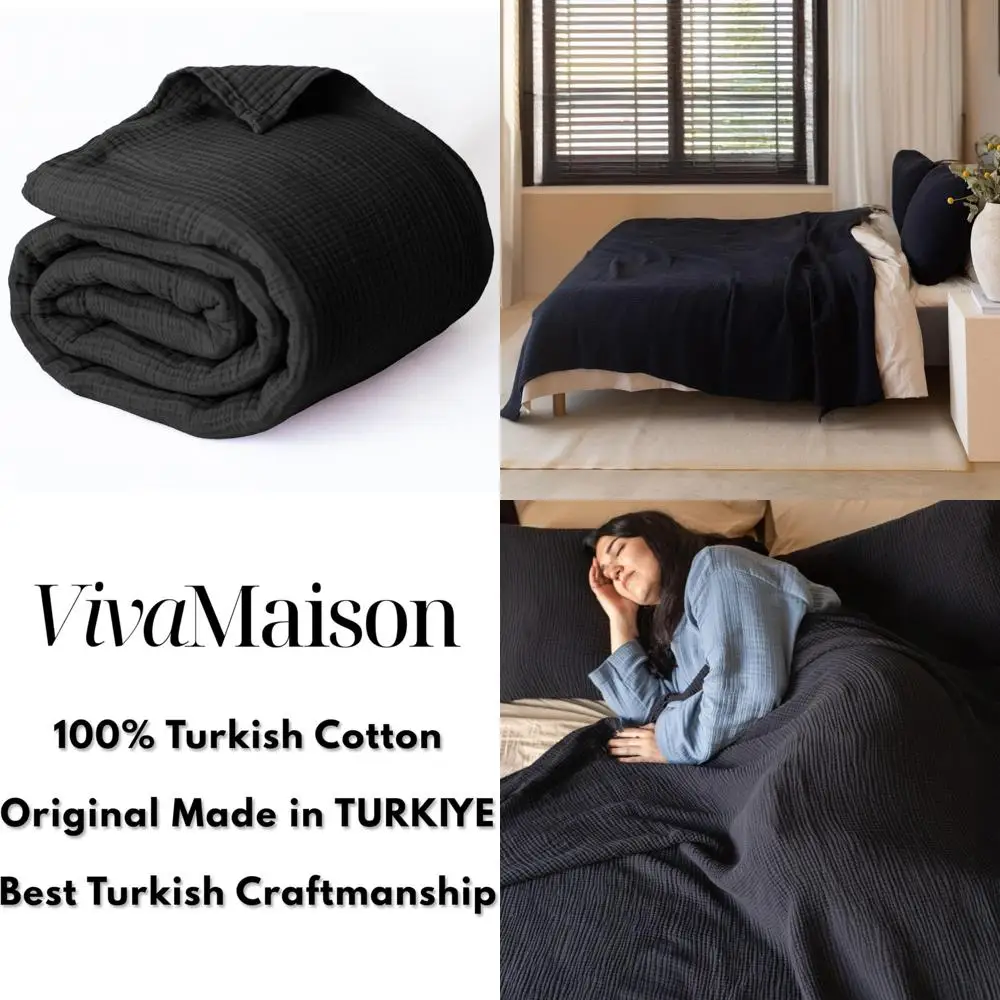 

Queen XL Размер 95x102 дюймов, ультрамягкое 100% чистое турецкое хлопковое муслиновое одеяло для кровати, черный цвет, идеально подходит для комфорта и