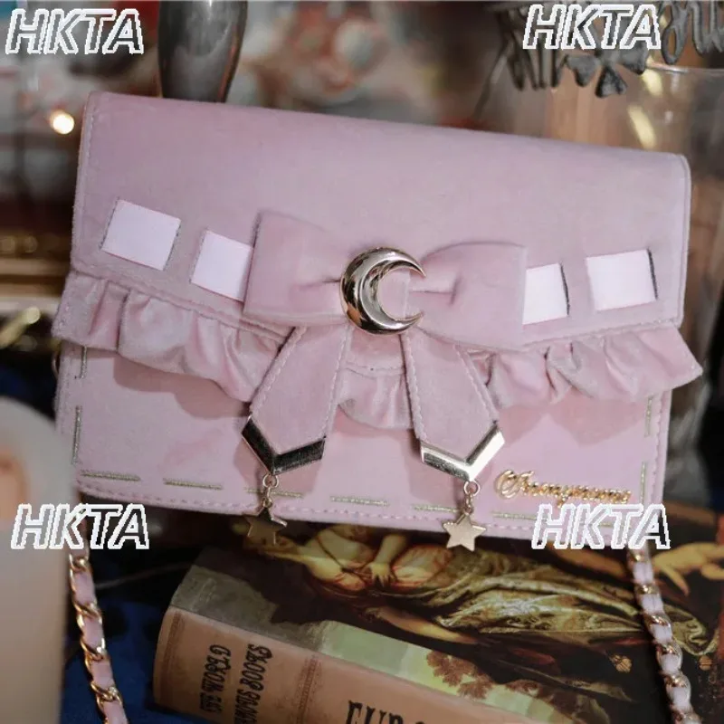 

Japanese Elegant Gorgeous Pleated Lolita Single Shoulder Handbag Bag Women's Square Bow Chain Portable Suede Messenger Bags