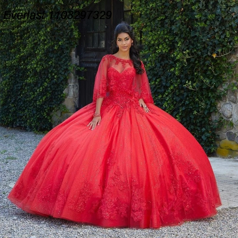 

EVLAST Sparkly Red Quinceanera Dress Ball Gown Lace Applique Beaded Crystals With Cape Corset Sweet 16 Vestido De 15 Anos TQD608