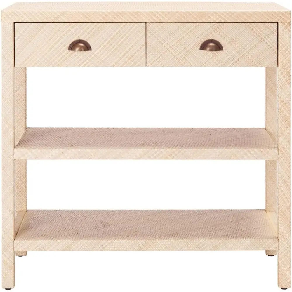 Natural Light Raffia and Gold 2-Drawer 2-Shelf Bookcase Console - Fully Assembled