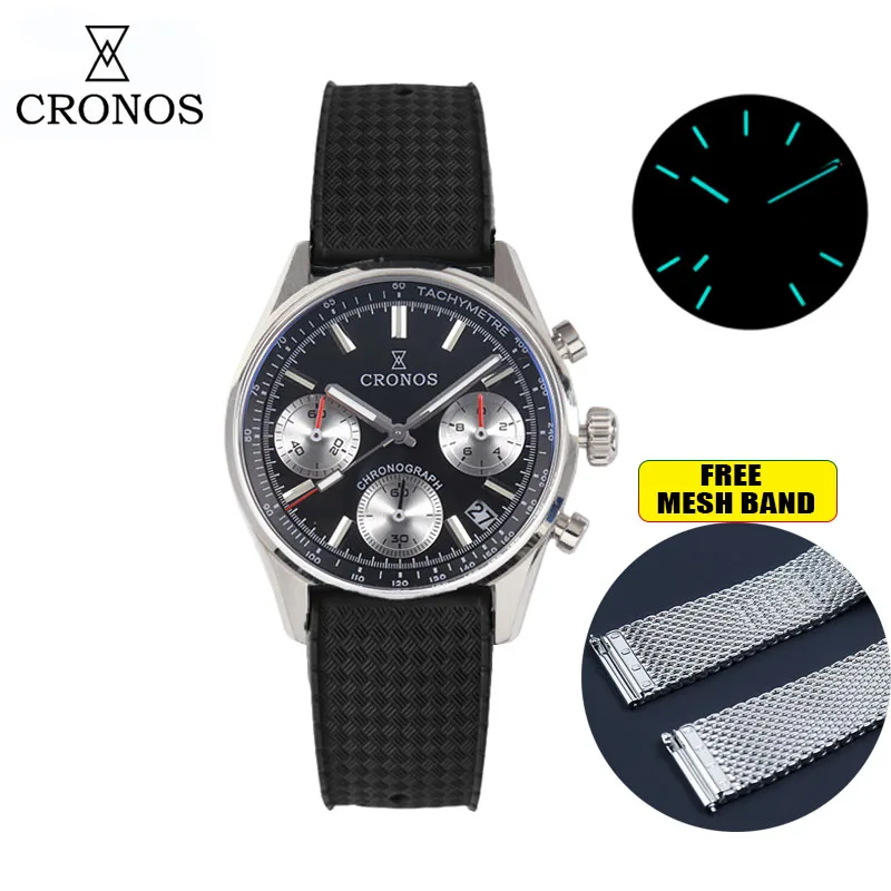 Cronos L6035 Chronograph Quartz Men Watch Miyota 6S20 Black&White Panda Dial Sapphire 10 ATM Tachymetre Leather Strap Luminous view 5
