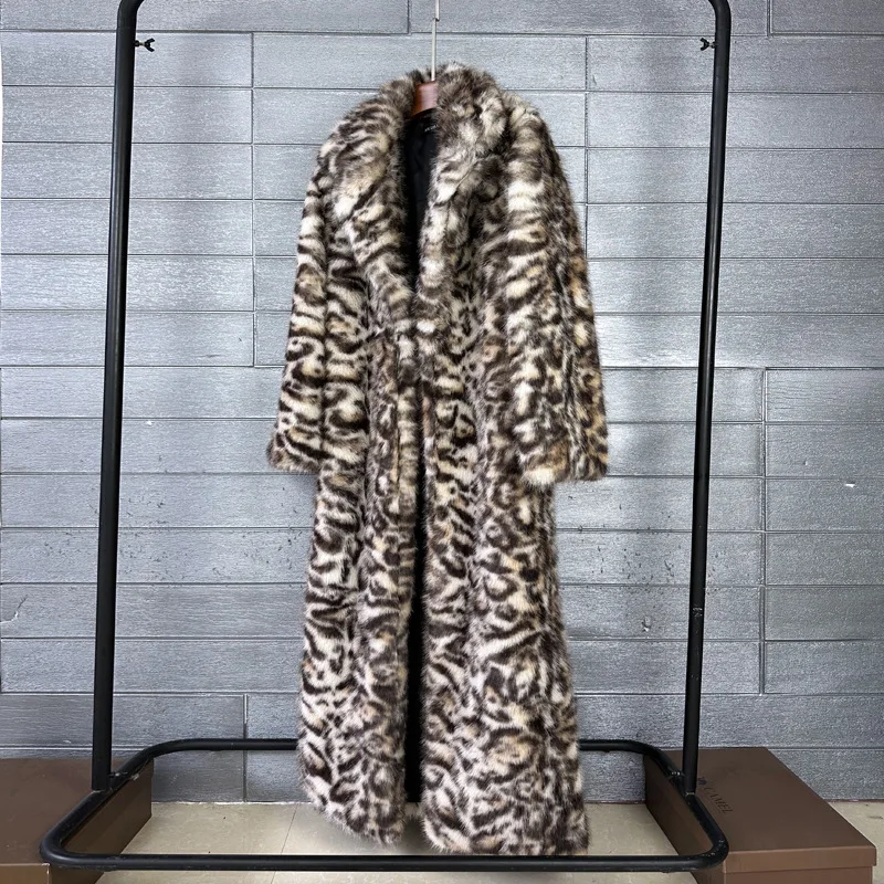 Thick Leopard Faux Fox Fuzzy Faux Fur Extra Long Notch Lapel Winter Women's Coat