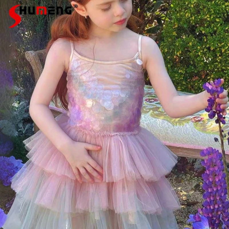 

Летнее платье принцессы-русалки для девочек, праздничное платье на день рождения, платье ручной работы с пайетками, детское платье без рукавов с завышенной талией, платье-торт