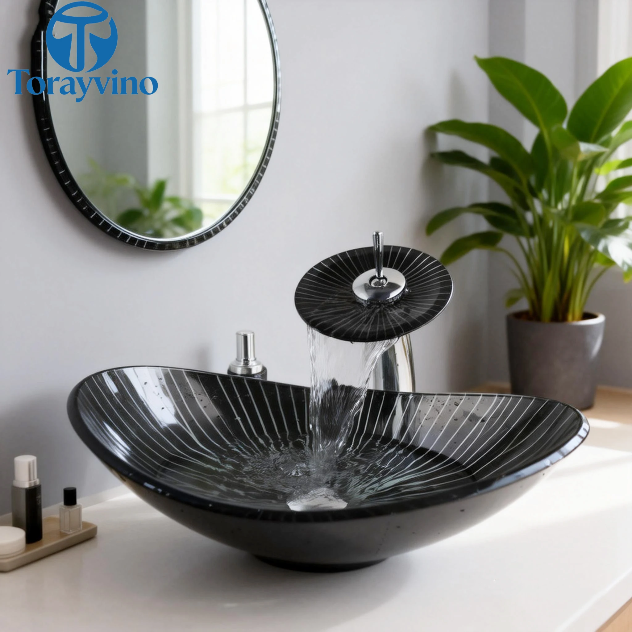 Torayvino Bathroom sink set 4 shapes Glass Hand Painted wash basin single hole deck mount Waterfall faucet Cold & Hot  Mixer tap