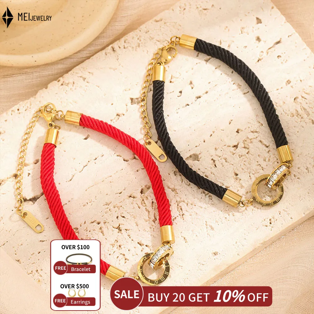 Lucky And Versatile Fashion Design Wristband Jewelry Woven Red Rope Roman Numeral Double Ring Stainless Steel Bracelet