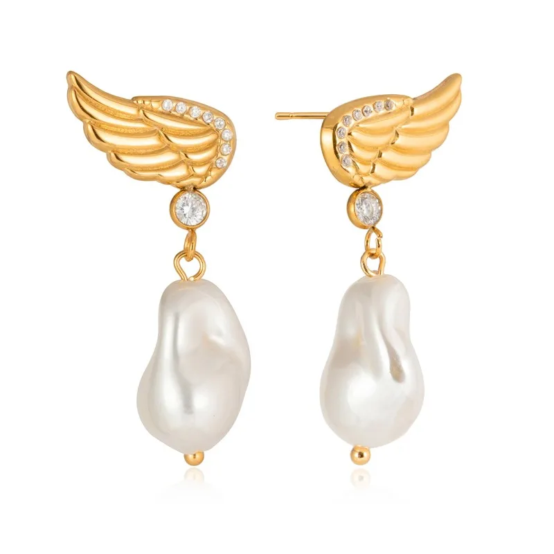 

Minar Stylish Baroque Imitation Pearl CZ Zircon Angel Wings Long Dangle Earrings for Women 18K Gold PVD Plated Stainless Steel