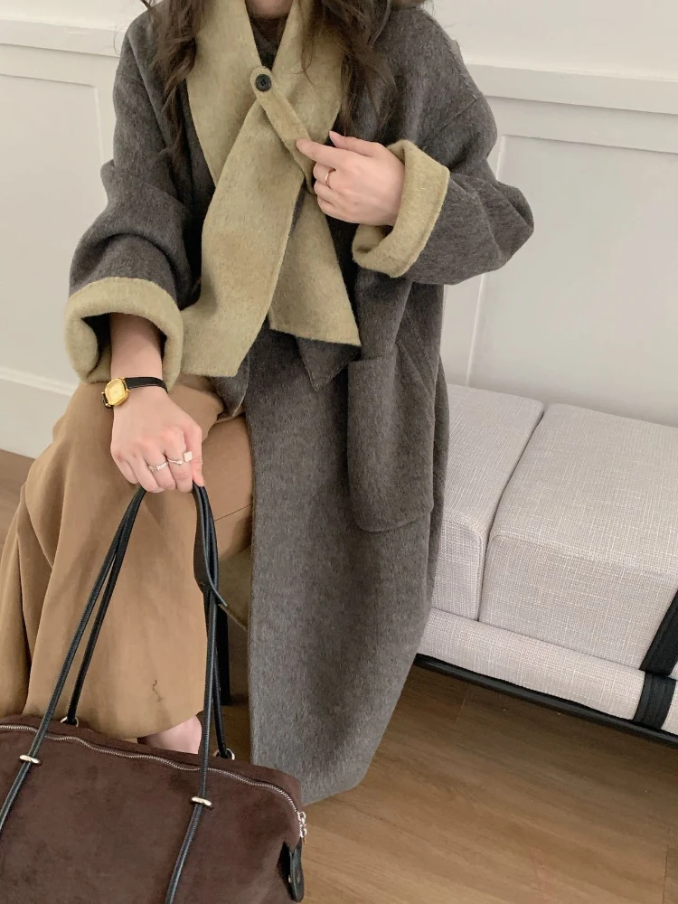 

AB Double-Sided Cashmere Coat Ins Scarf Design Parkas Women Autumn Winter Long Loose Thicken Warm Wool Overcoat Outwear 2025 New