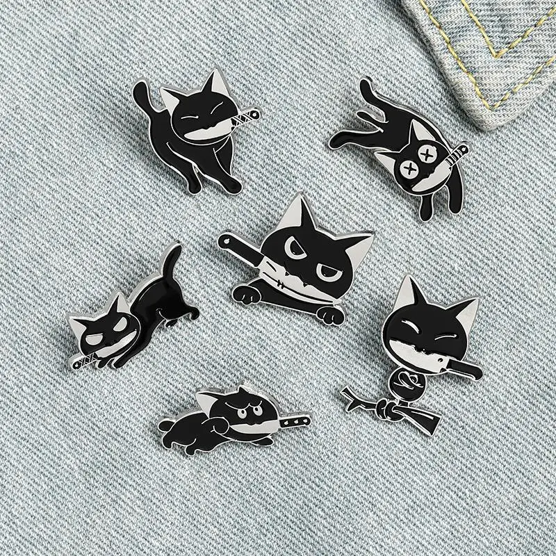 Alfileres divertidos de animales, insignia de cuchillo de gatito para camisa, abrigo, Pin de solapa, broches de dibujos animados, regalos de joyería para amigos, niños, esmalte de gato asesino