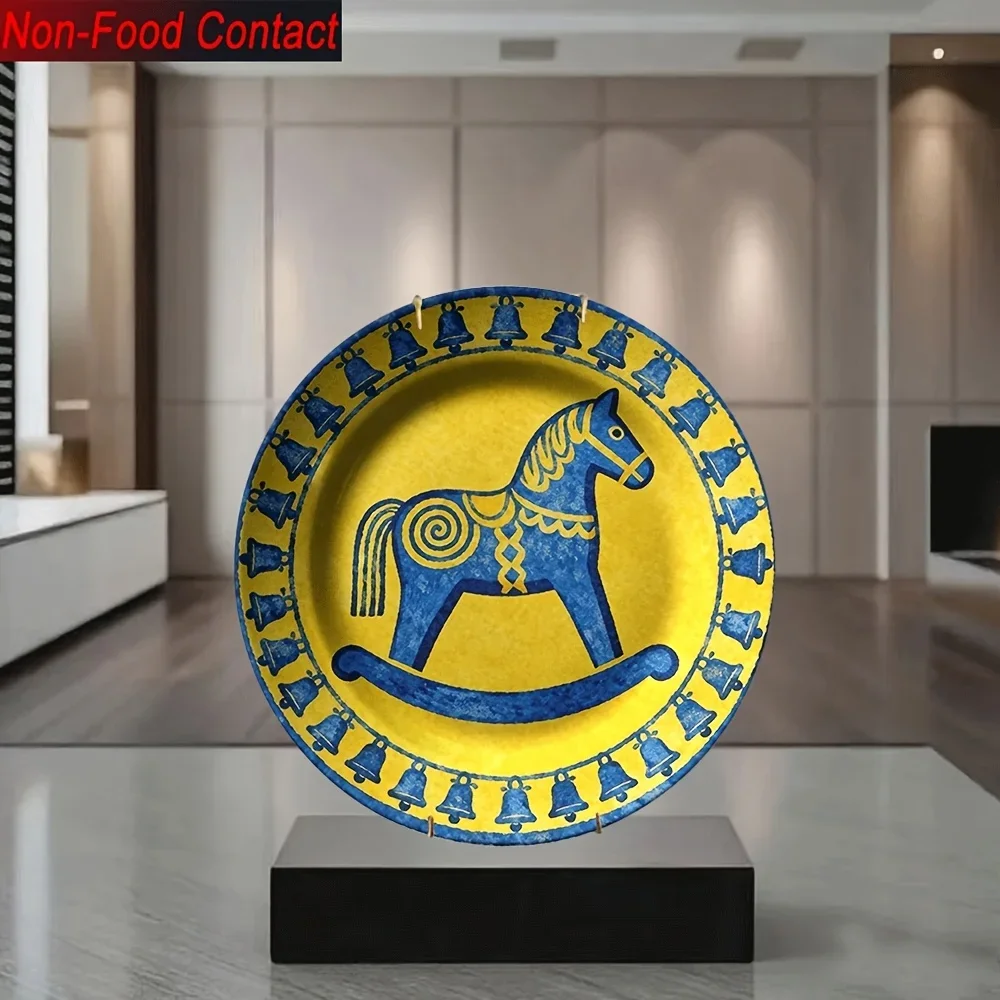 1pc Ceramic Decorative Plate with Blue Donkey & Bell - Round Non-Food Contact Ornamental Plate Suitable for Home, Tabletop,