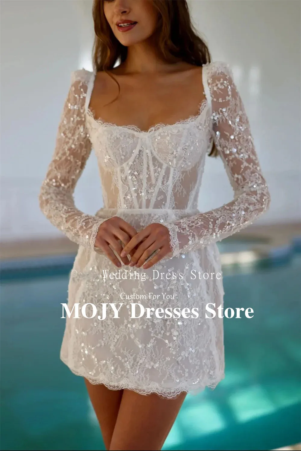 Mojy современное блестящее свадебное платье с блестками и длинными рукавами, сексуальное короткое платье Vestidos De Novia Boda Robe De Mariée 2025 по индивидуальному заказу