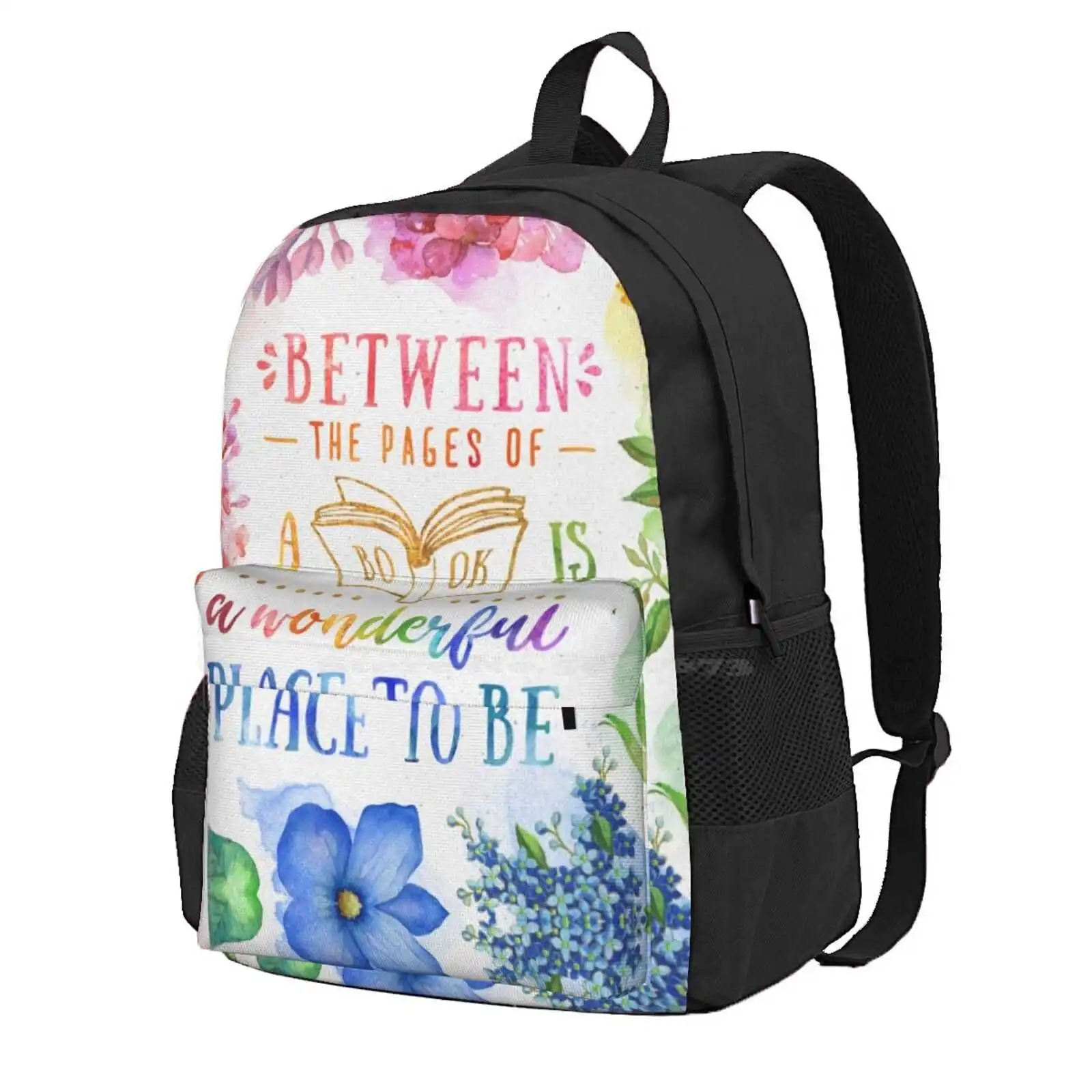 Between The Pages Hot Sale Schoolbag Backpack Fashion Bags Book Lover Bookworm Bibliophile Book Nerd Flowers Rainbow Spring