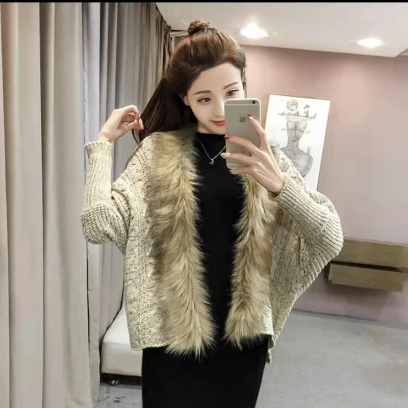 Autumn And Winter Shawl Loose Women's Fur Collar Sweater Cardigan Sweater Coat Dolman Sleeve Cape Shawl