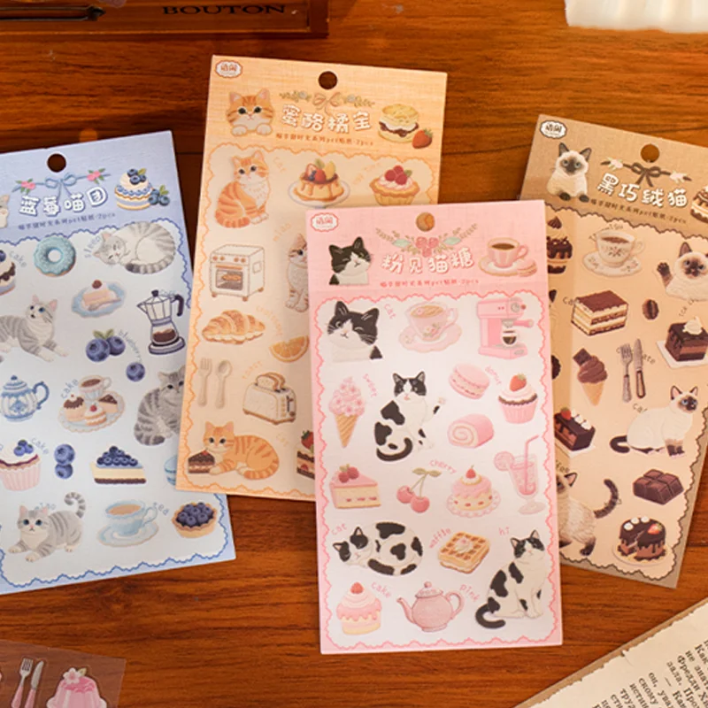 4 عبوات من ملصقات Meow Enjoy Sweet Time PET، ملصقات زخرفية مخططة لطيفة على شكل رسوم متحركة، ألبوم يوميات، مجموعة مواد مجمعة لخلفية المذكرات #3